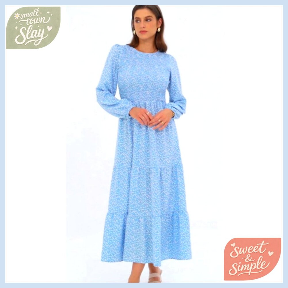 Long Sleeve Floral Maxi Dress Smocked Tiered Casual Flowy Maternity - Picture 6 of 7